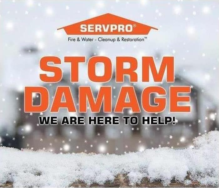 Winter snow scene with the words: Storm Damage, We are Here to Help! 